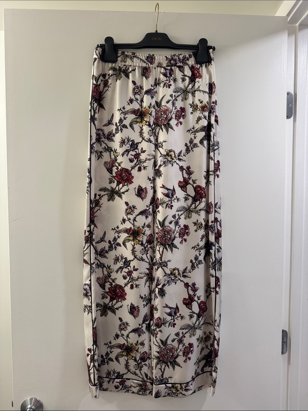 Dior Cream Silk pants with Red & Purple Floral Print